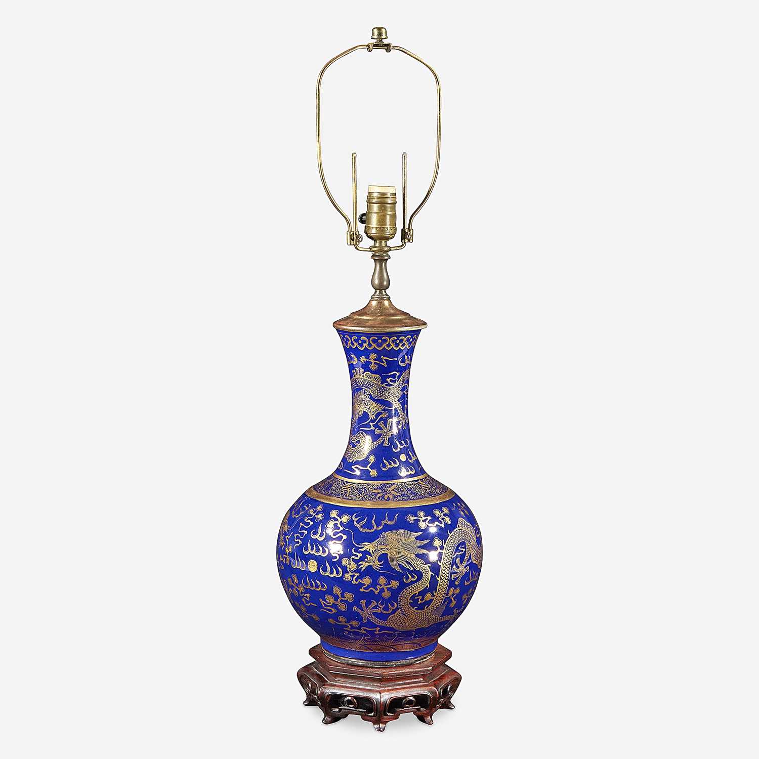 Lot 74 - A Chinese gilt-decorated cobalt blue porcelain “Dragon” bottle vase, mounted as a lamp