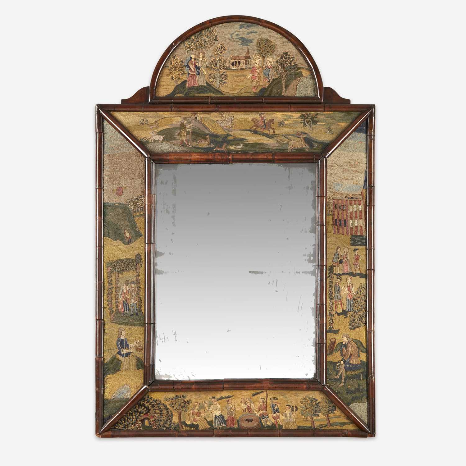 Lot 17 - A Queen Anne style needlework and burl walnut mirror
