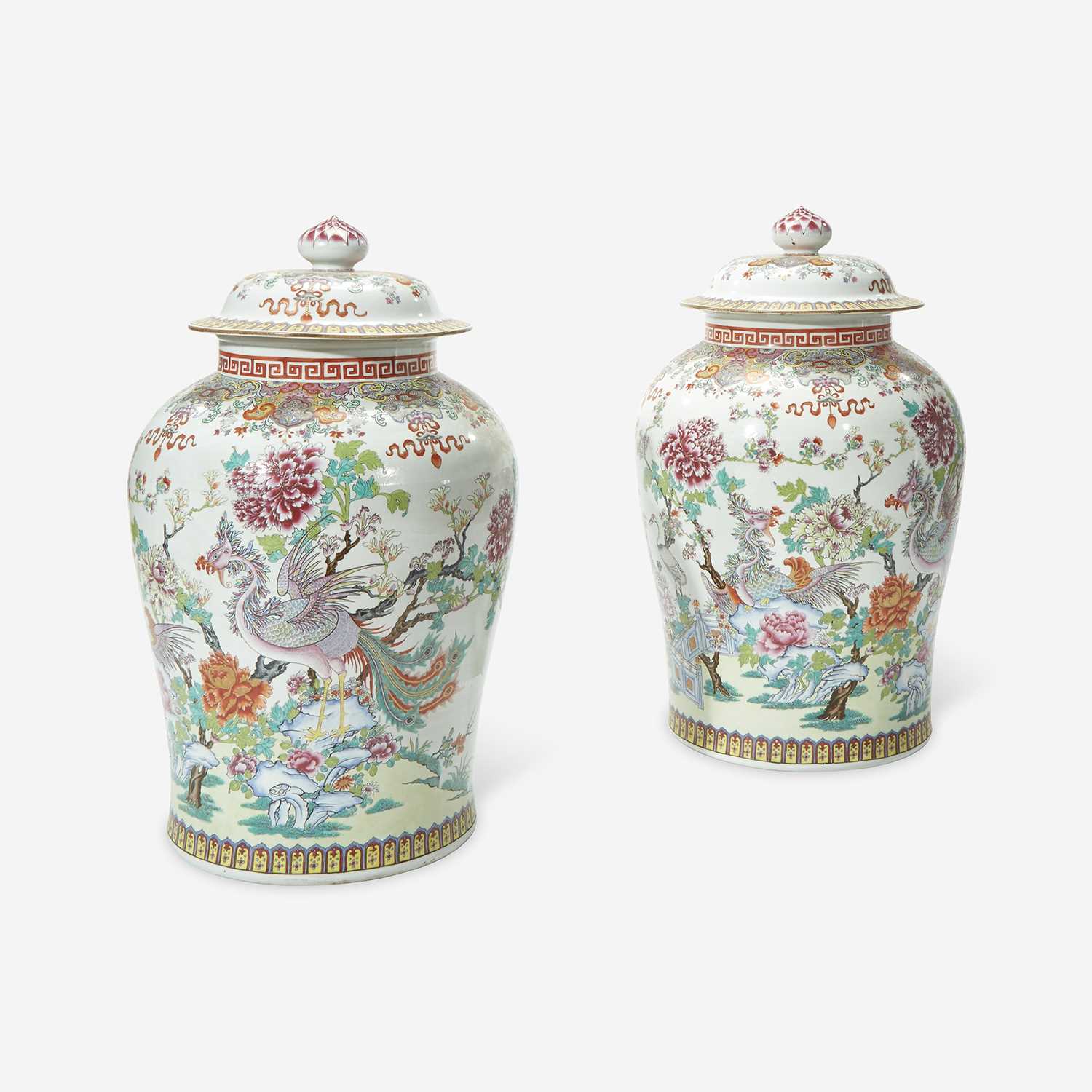 Lot 50 - A Large Pair of Samson Chinese Export Style Famille Rose Covered Urns