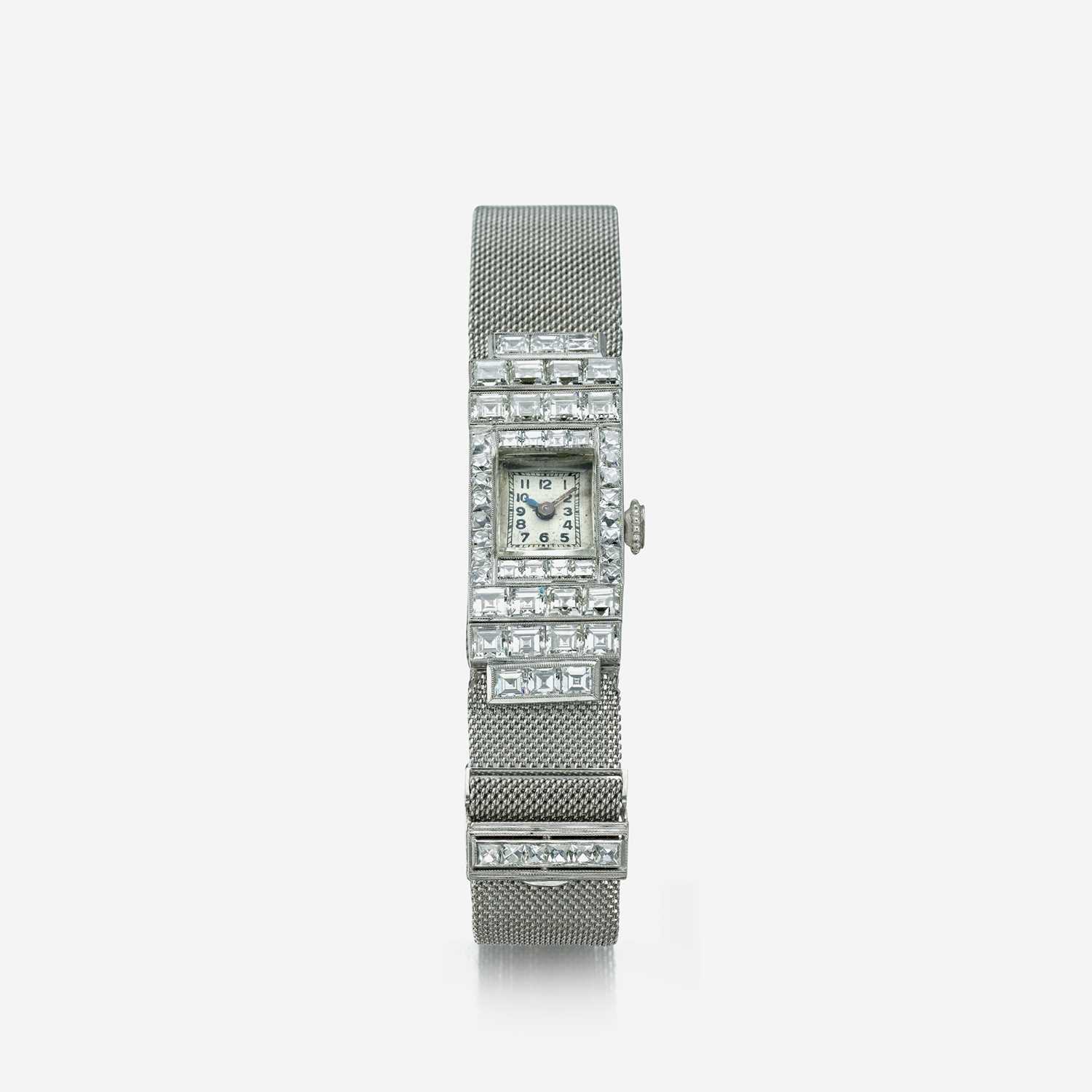 Lot 123 - An Art Deco diamond and platinum bracelet watch