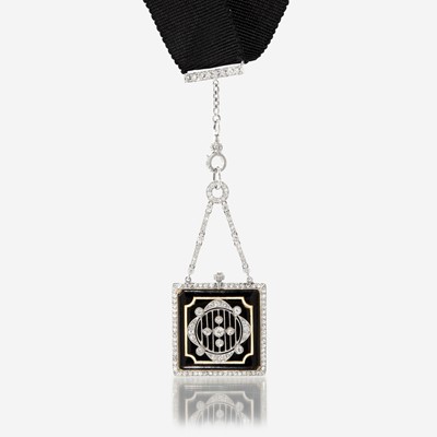 Lot 124 - An Art Deco diamond, enamel, gros grain, and platinum necklace with pendant watch, Dreicer & Co.