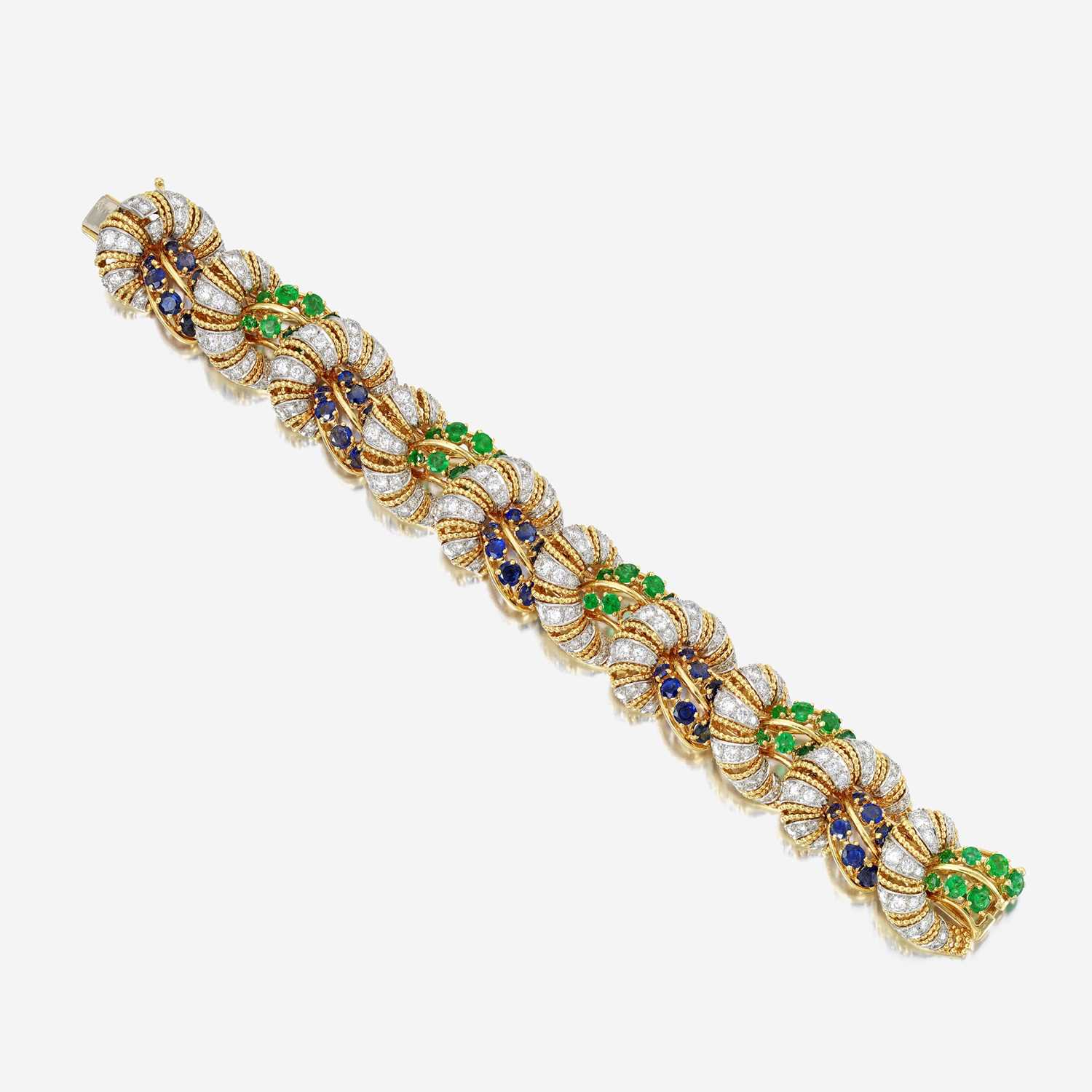 Lot 93 - A diamond, sapphire, emerald, and eighteen karat gold bracelet, Tiffany & Co.