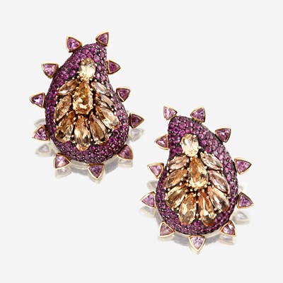 Lot 67 - A pair of precious topaz, ruby, and pink tourmaline earrings, Marilyn Cooperman
