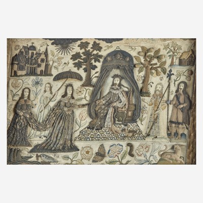 Lot 21 - An embroidered stumpwork panel of King Solomon receiving The Queen of Sheba