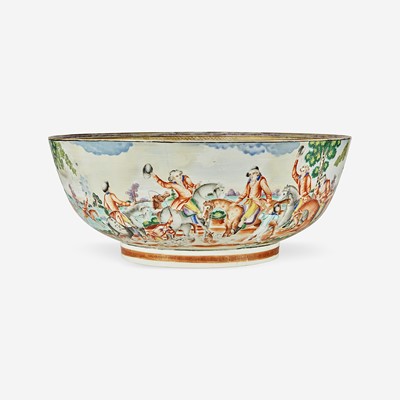 Lot 92 - A Chinese Export porcelain gilt and polychrome decorated punch bowl with hunt scene