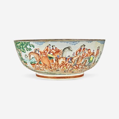 Lot 92 - A Chinese Export porcelain gilt and polychrome decorated punch bowl with hunt scene