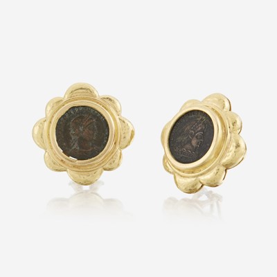 Lot 29 - A pair of eighteen karat gold and coin earrings, Elizabeth Locke