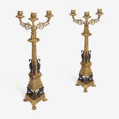 Lot 47 - A Pair of Empire Gilt and Patinated Bronze Three-Light Candelabra