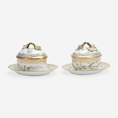 Lot 166 - A Pair of Flora Danica Porcelain Small Tureens and Covers and Underplates