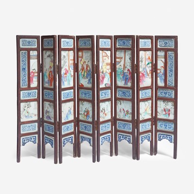 Lot 61 - A Chinese famille rose-porcelain mounted eight-panel screen 洋彩八开瓷屏风