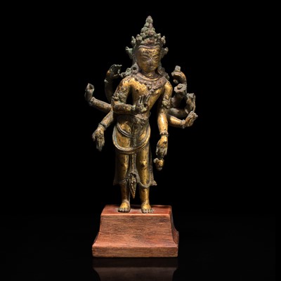 Lot 172 - A Nepalese gilt copper alloy figure of Amoghapasha 尼泊尔六臂观音鎏金铜合金造像