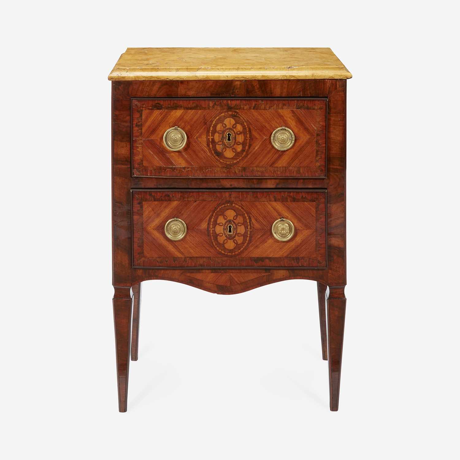 Lot 159 - An Italian Neoclassical Walnut and Fruitwood Marquetry Side Table with Marble Top