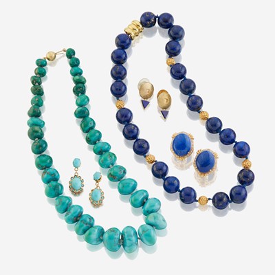 Lot 177 - A collection of lapis lazuli, turquoise, and gold jewelry