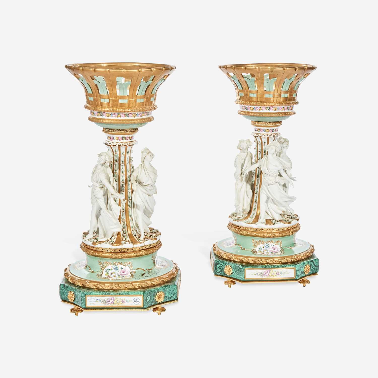 Lot 10 - A Large Pair of Tiche Louis XV Style Hand-Painted Porcelain Figural Centerpieces