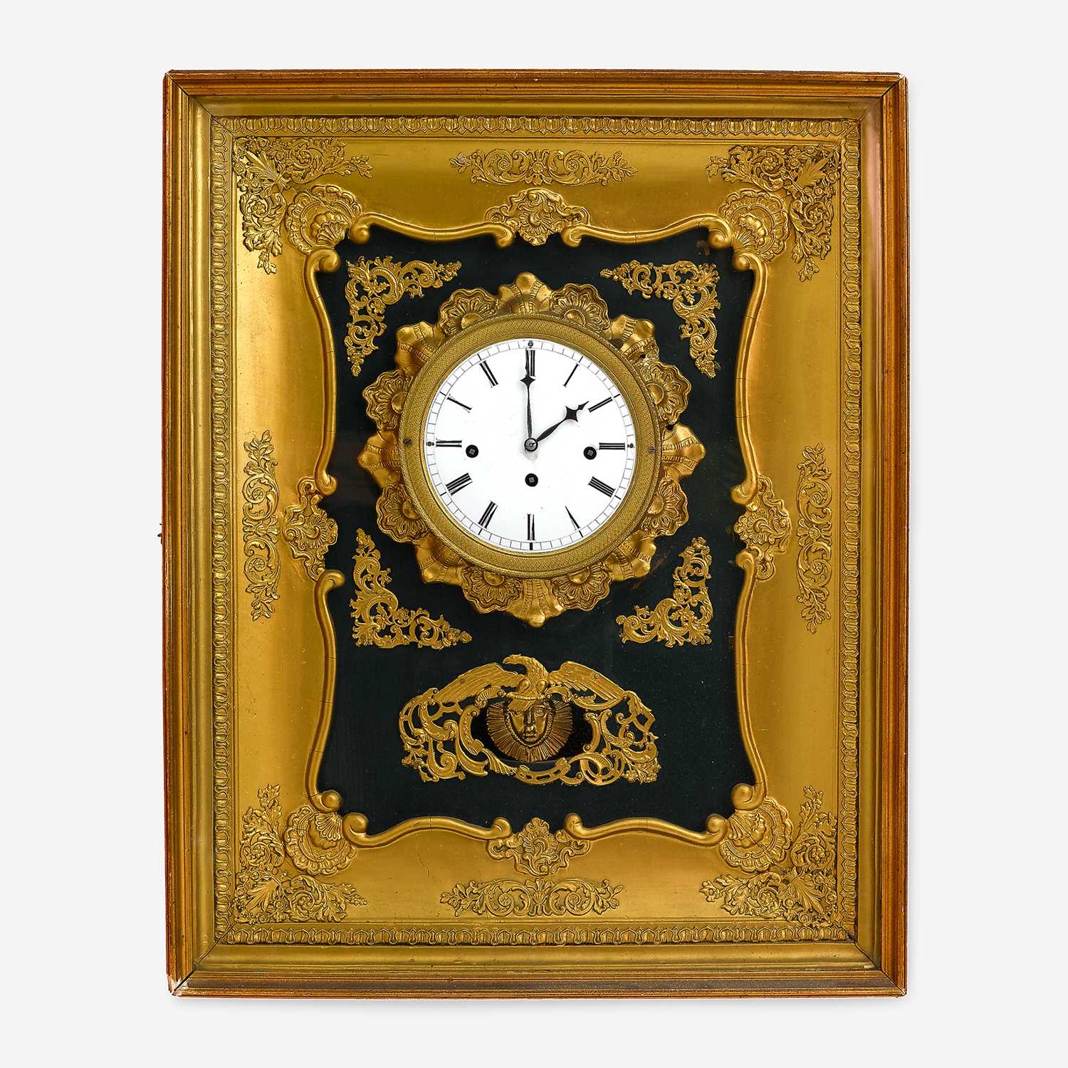 Lot 56 - An Unusual French Gilt Bronze, Gilt and Green Painted Wood Wall Clock
