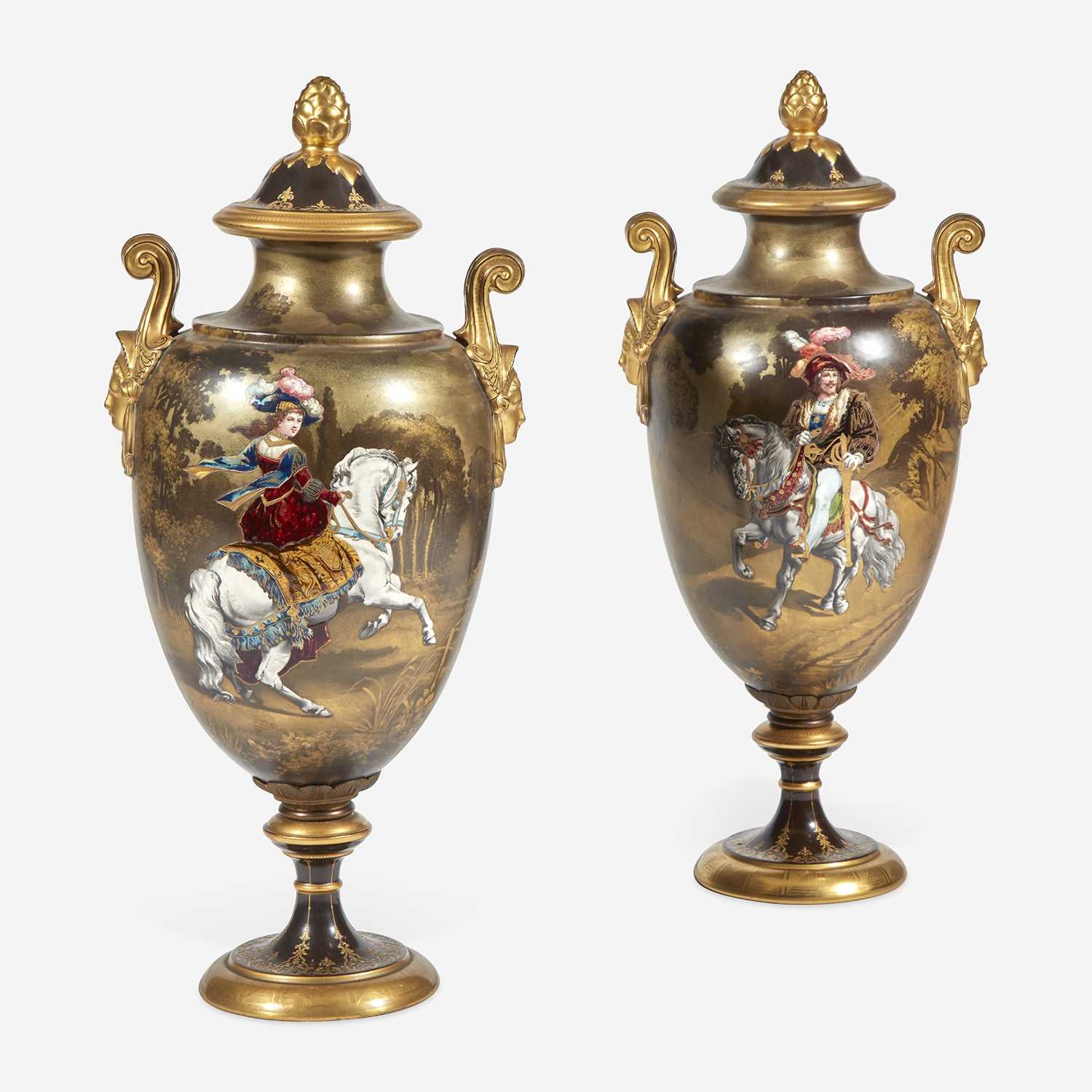 Lot 54 - A Pair of Sèvres Style Parcel-Gilt and Enameled Covered Vases