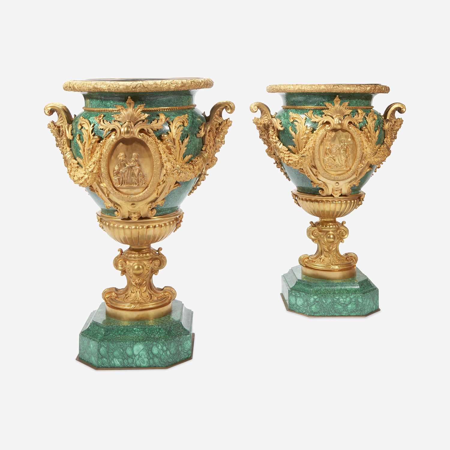 Lot 8 - An Impressive Pair of Louis XVI Style Malachite and Gilt Bronze Urns
