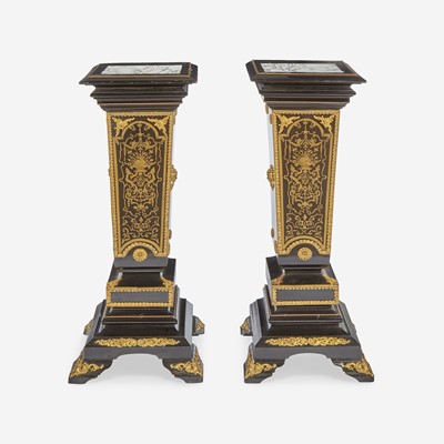 Lot 18 - A Pair of Louis XIV Style Boulle Marquetry Inlaid Gilt-Bronze Mounted Ebonized Marble Top Pedestals