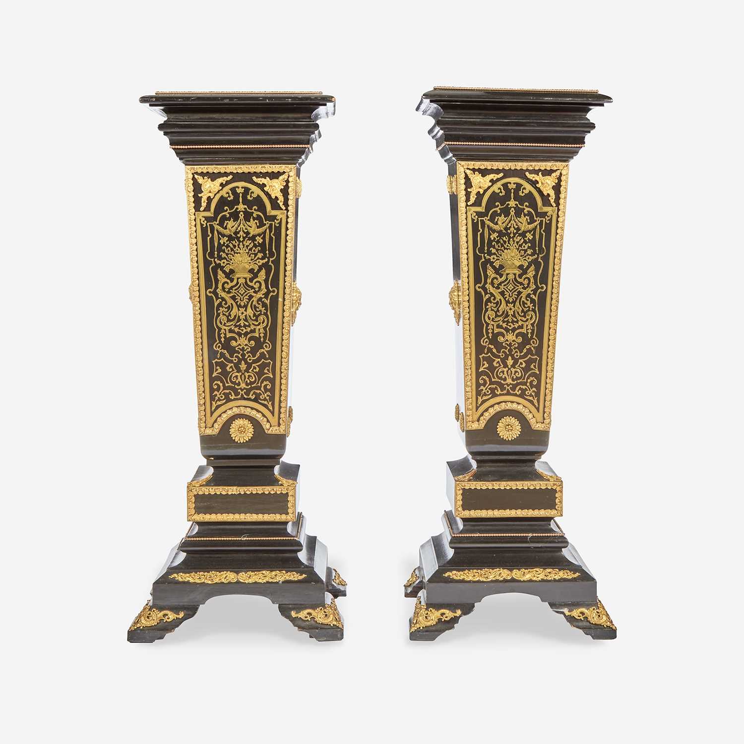 Lot 18 - A Pair of Louis XIV Style Boulle Marquetry Inlaid Gilt-Bronze Mounted Ebonized Marble Top Pedestals