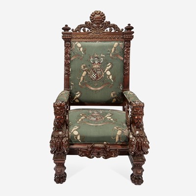 Lot 226 - A Large Carved Renaissance Revival Throne Chair Upholstered in Armorial Fabric