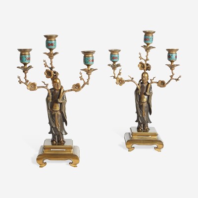 Lot 69 - A Pair of French Enameled and Gilt Metal Figural Candelabra