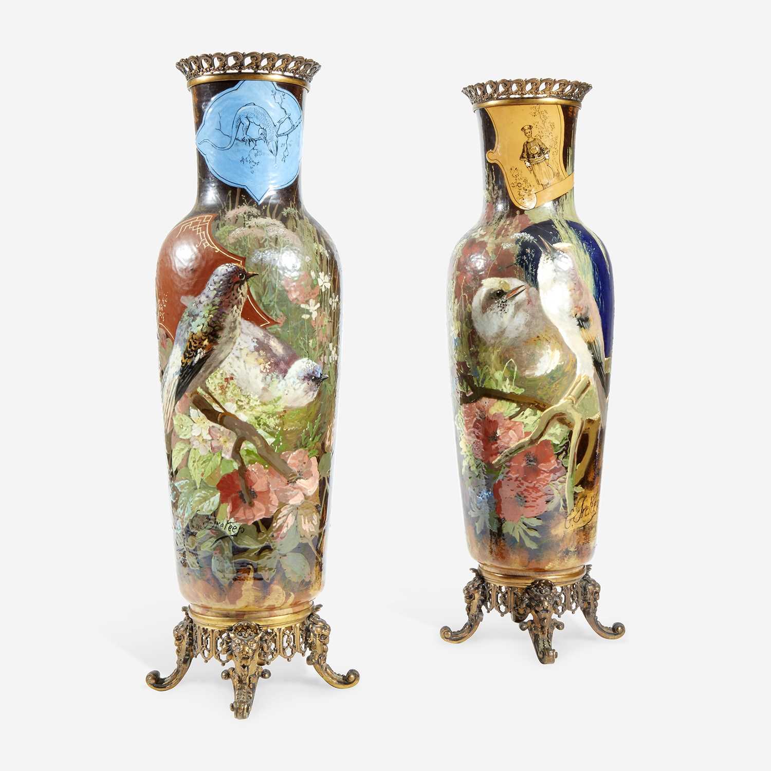 Lot 71 - A Pair of Large French 'Japonisme' Faience and Bronze Mounted Vases