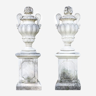 Lot 248 - A Pair of Large Composition Stone Garden Urns on Pedestals*