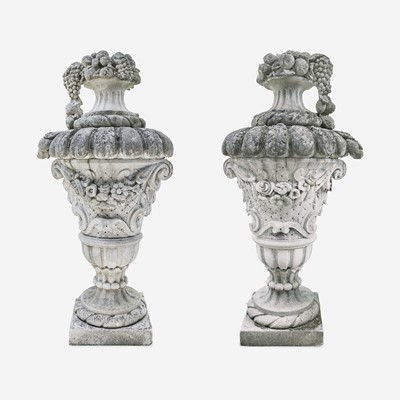 Lot 251 - A Large Pair of Composition Stone Garden Urns*