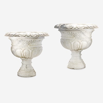 Lot 249 - A Large Pair of Variegated White Marble Urns*