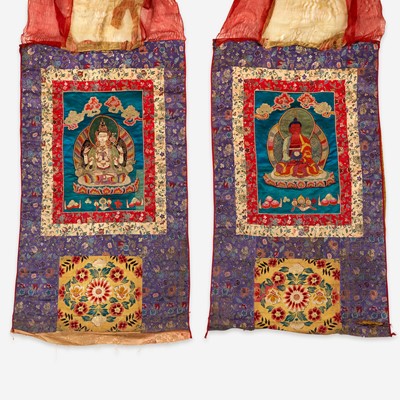 Lot 173 - A pair of Tibetan or Nepalese needlework and appliqued silk thanka  西藏或尼泊尔唐卡两幅