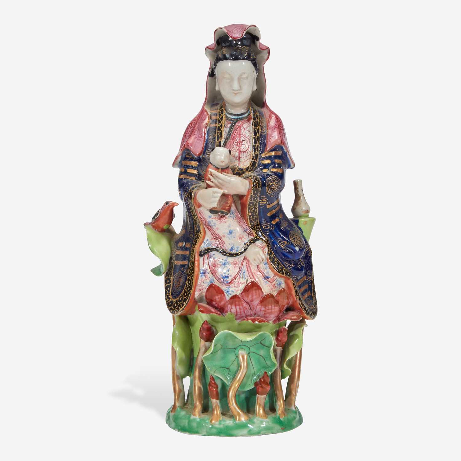 Lot 19 - A Chinese export porcelain famille rose-decorated figure of Guanyin and child 粉彩出口瓷观音送子