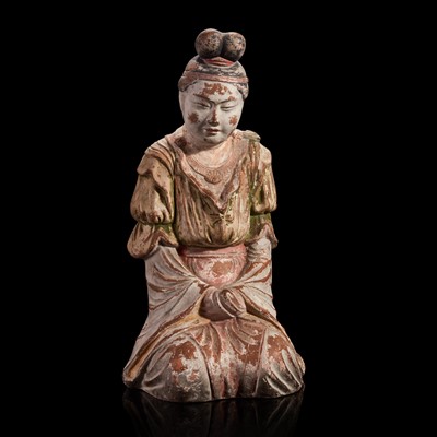 Lot 217 - A Japanese painted pottery figure of a female attendant
