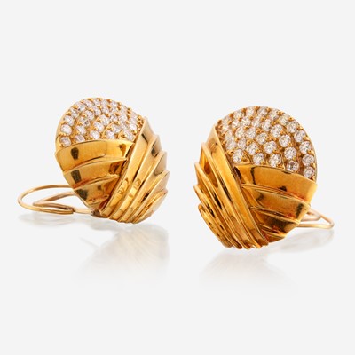 Lot 45 - A pair of eighteen karat gold and diamond earrings, Ivan & Co.