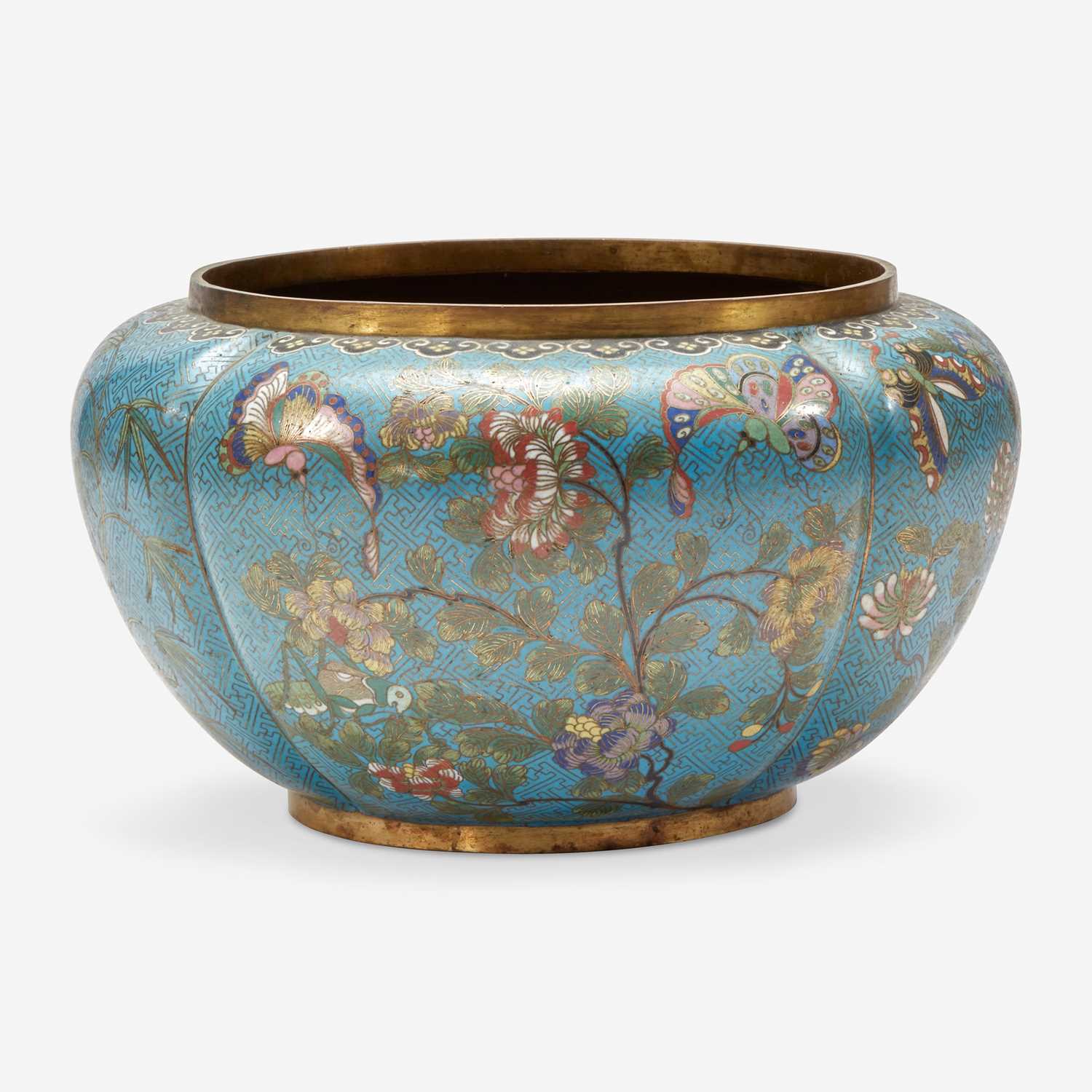 Lot 59 - A Chinese turquoise ground lobed jardinière 铜胎松石绿地瓜棱盆