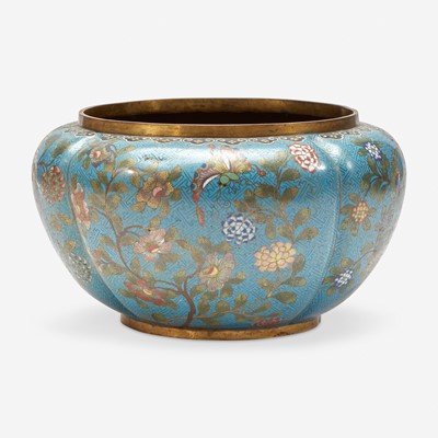 Lot 59 - A Chinese turquoise ground lobed jardinière 铜胎松石绿地瓜棱盆
