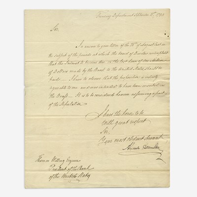 Lot 38 - [Hamilton, Alexander] [First Bank of the United States]