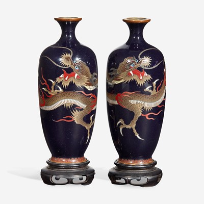 Lot 225 - A pair of Japanese miniature "Dragon" cloisonné vases