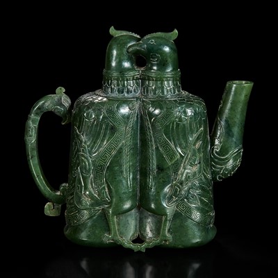 Lot 127 - An unusual Chinese spinach jade archaistic "Double-bird" ewer 双天鸡碧玉壶