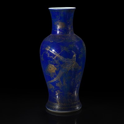 Lot 97 - A Chinese gilt-decorated powder blue glazed porcelain baluster vase 洒蓝地描金瓷瓶