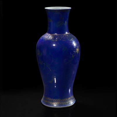 Lot 97 - A Chinese gilt-decorated powder blue glazed porcelain baluster vase 洒蓝地描金瓷瓶