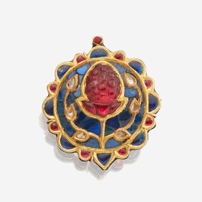 Lot 73 - A Jaipur enamel, ruby, sapphire, diamond, and gold brooch