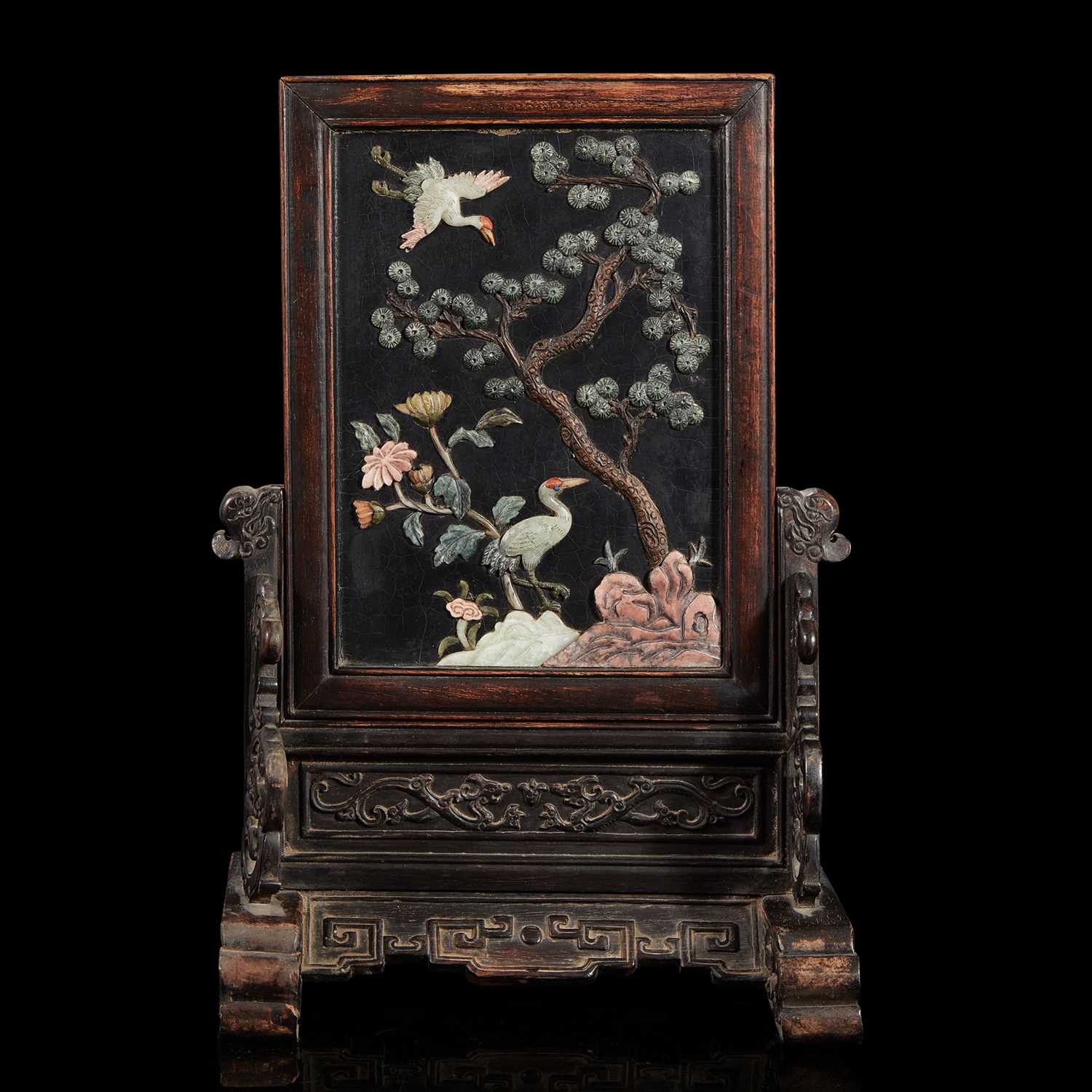 Lot 143 - A Chinese embellished lacquer and carved hardwood table screen