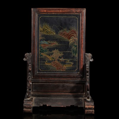Lot 143 - A Chinese embellished lacquer and carved hardwood table screen