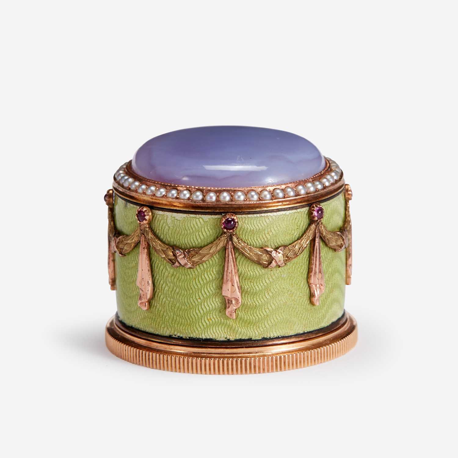Lot 140 - A Fabergé Jewelled, Guilloché Enamel and Two-Color Gold Pomade