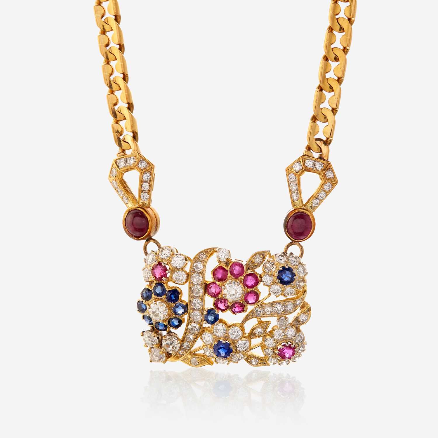 Lot 42 - An eighteen karat gold, diamond, sapphire, and ruby necklace