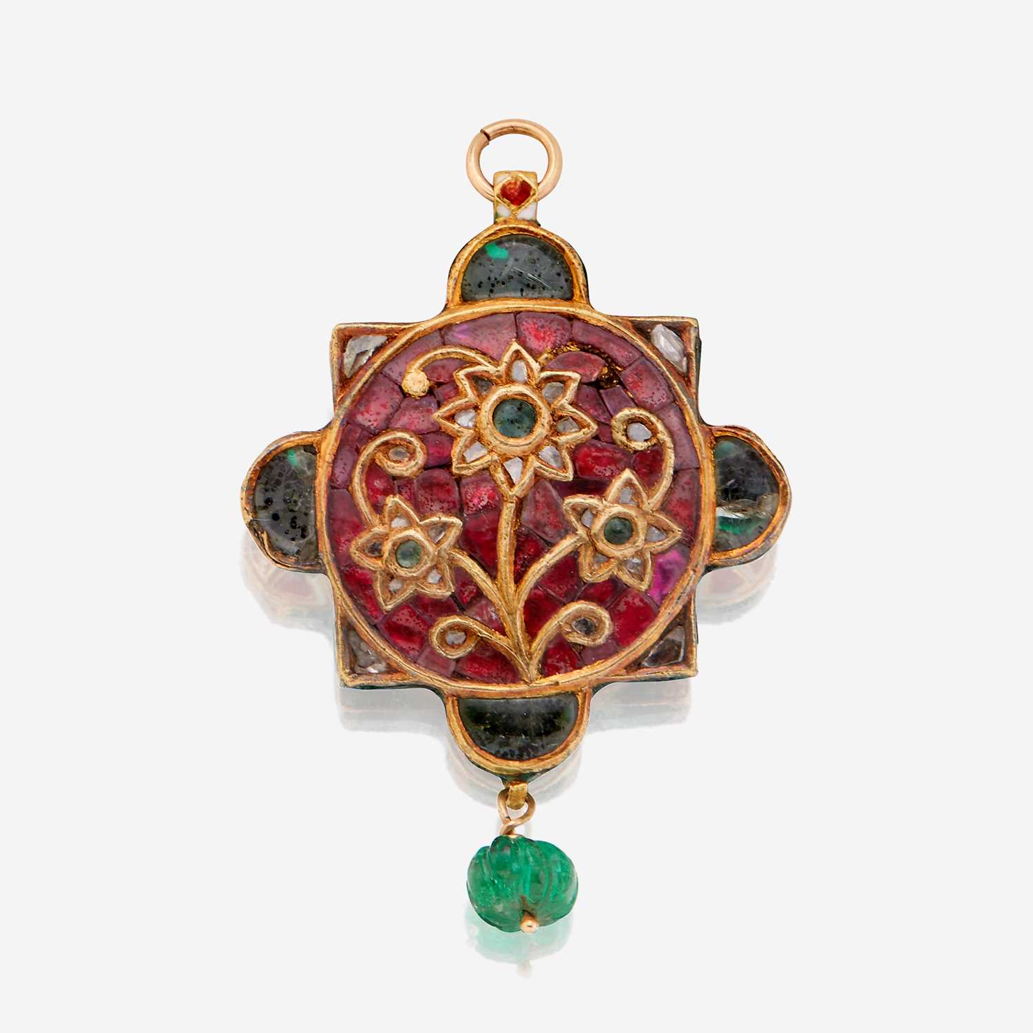 Lot 74 - A high karat gold, Jaipur enamel, diamond, emerald, and ruby pendant