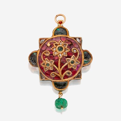 Lot 74 - A high karat gold, Jaipur enamel, diamond, emerald, and ruby pendant