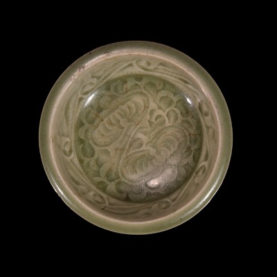 Lot 3 - A small Chinese Yaozhou celadon molded brush washer 耀州窑印花小水洗