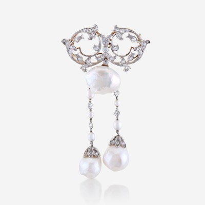Lot 63 - A natural pearl, diamond, eighteen karat gold, and platinum brooch