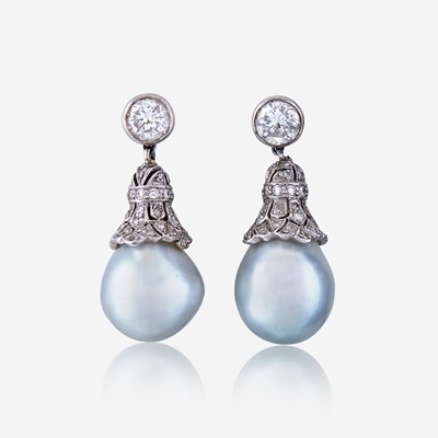 Lot 9 - A pair of diamond, cultured pearl, and platinum earrings